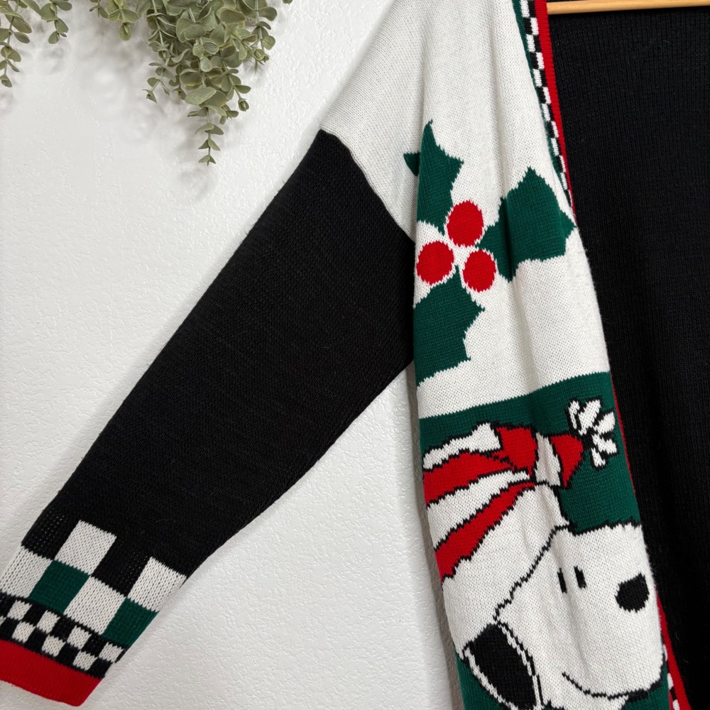 Peanuts Snoopy Christmas Cardigan Sweater Colorblock Checkered Trim V-Neck - Picture 3 of 10